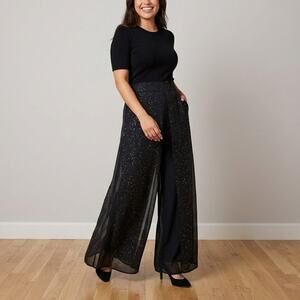 Vintage 90s Wide Leg Pants Black Glitter Chiffon Sheer Gala Formal Red Carpet